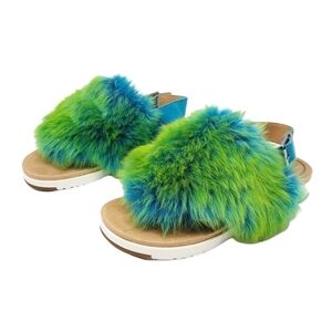 UGG Holly casual fur sandal in green blue fuzzy puff summer